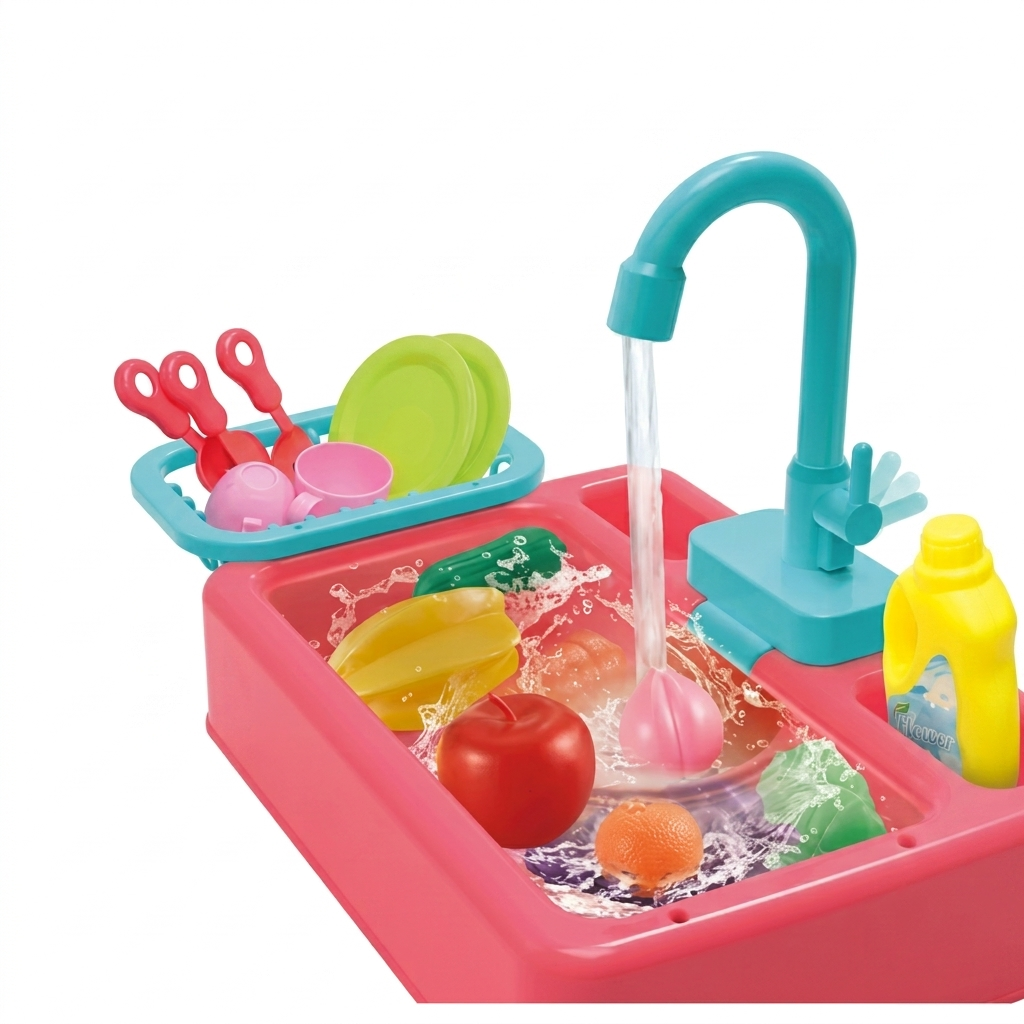 Kids Electric Kitchen Sink Toy Set with Automatic Water Circulation - Pretend Play Dishwashing Set with Vegetables, Cutlery & Accessories for Toddlers (Ages 3+)