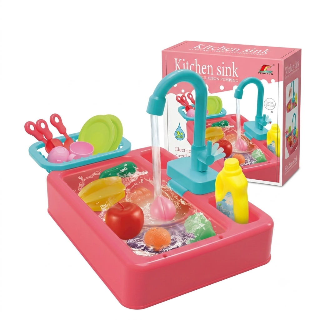 Kids Electric Kitchen Sink Toy Set with Automatic Water Circulation - Pretend Play Dishwashing Set with Vegetables, Cutlery & Accessories for Toddlers (Ages 3+)
